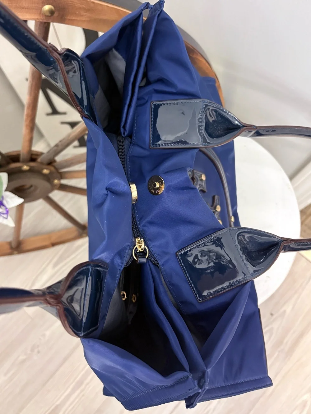 Tory Burch Ella Dark Navy Nylon Tote with Patent Trim and Logo Medallion